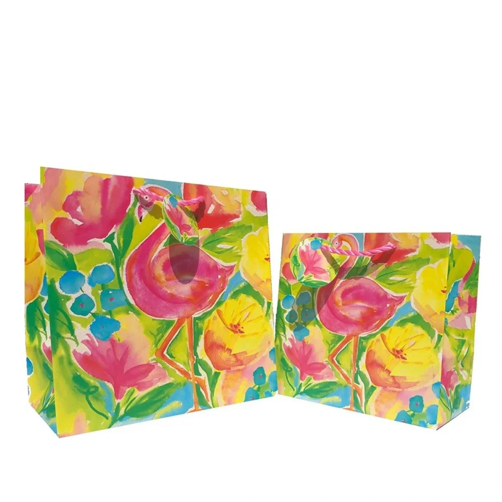 Glitter Embellished Bright Watercolor Pink Flamingo Gift Bags, Set of 2 (Sm/Med)